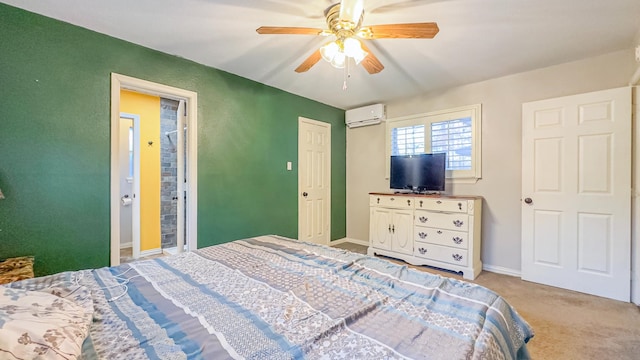 17866 Magnolia Ln, New Caney, TX 77357 - bedroom featuring a wall unit AC, carpet, baseboards, and a ceiling fan