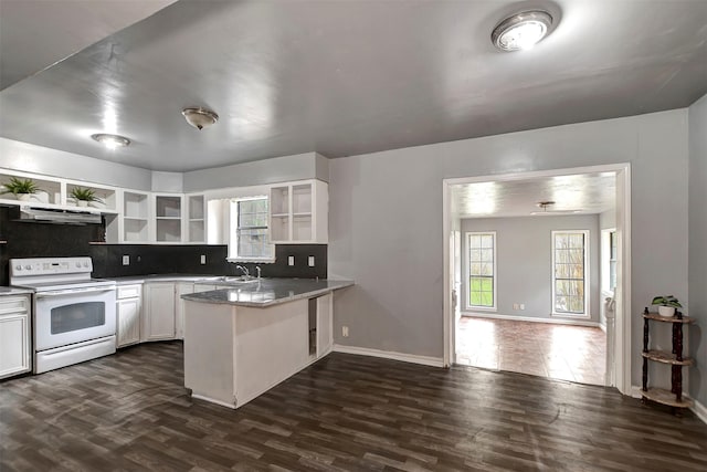 kitchen with ventilation hood, dark wood finished floors, a peninsula, white electric range, and open shelves