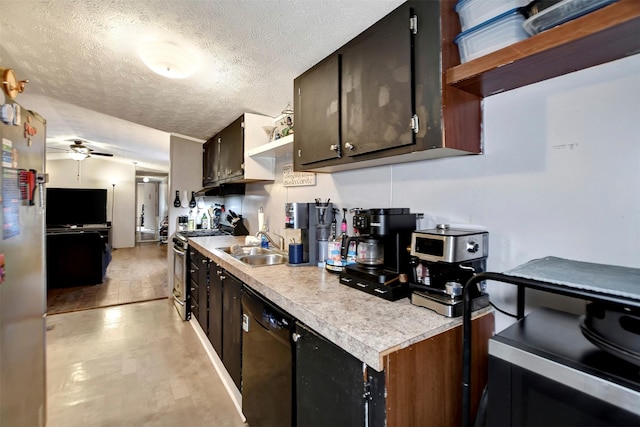 kitchen with open shelves, a sink, appliances with stainless steel finishes, light countertops, and ceiling fan