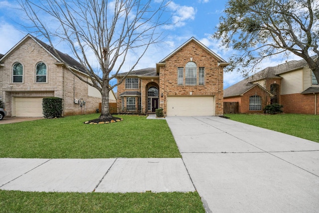 traditional-style house with a front lawn, brick siding, concrete driveway, and an attached garage