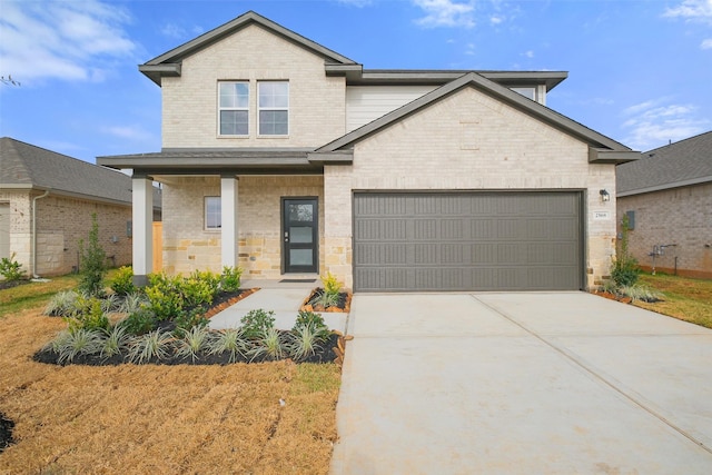 view of front of house featuring brick siding, an attached garage, concrete driveway, and a porch