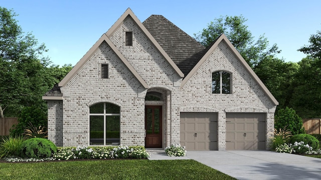 view of front of home featuring an attached garage, brick siding, driveway, and a shingled roof