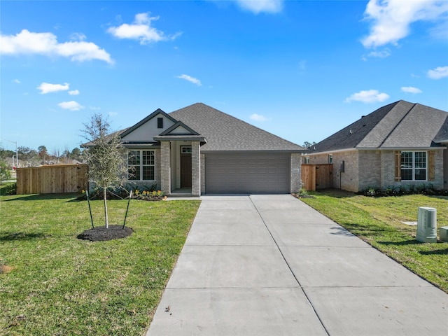 view of front of property featuring fence, driveway, an attached garage, a front lawn, and brick siding