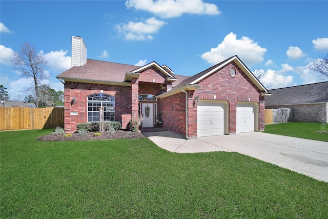 view of front of property featuring brick siding, a front lawn, fence, a chimney, and a garage