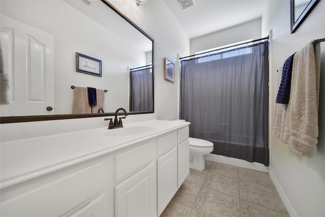 full bathroom with visible vents, baseboards, toilet, tile patterned floors, and vanity