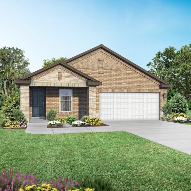 view of front facade with brick siding, an attached garage, a front lawn, stone siding, and driveway