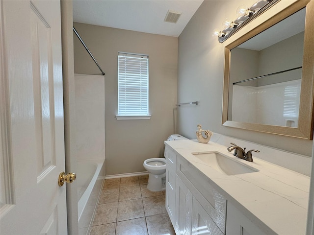 bathroom featuring tile patterned floors, visible vents, toilet, bathing tub / shower combination, and vanity