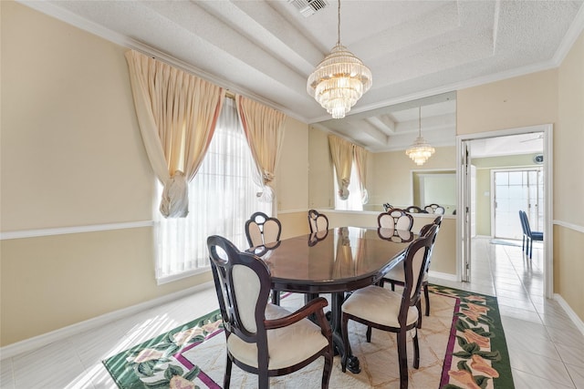 dining room with a chandelier, light tile patterned floors, a healthy amount of sunlight, and a tray ceiling