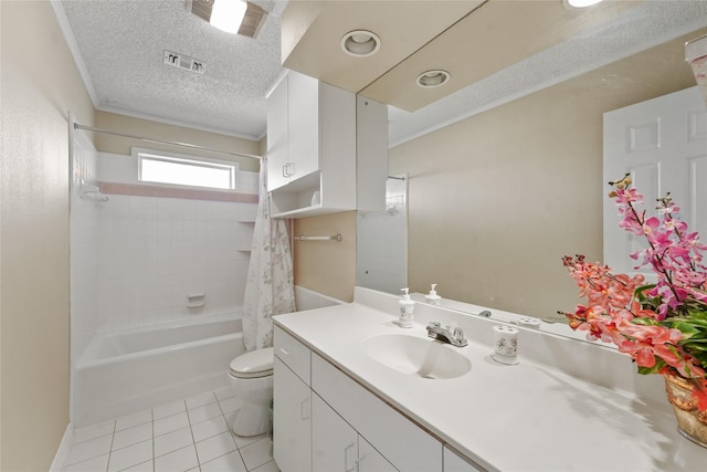 bathroom featuring vanity, tile patterned flooring, shower / tub combo, a textured ceiling, and toilet