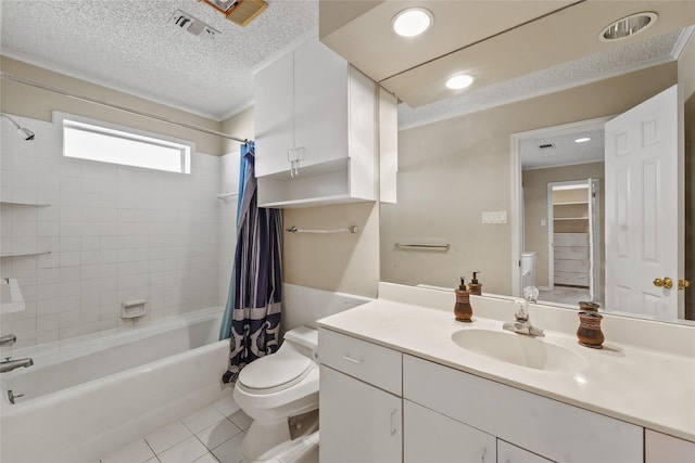 bathroom with visible vents, toilet, a textured ceiling, shower / bath combination with curtain, and tile patterned flooring