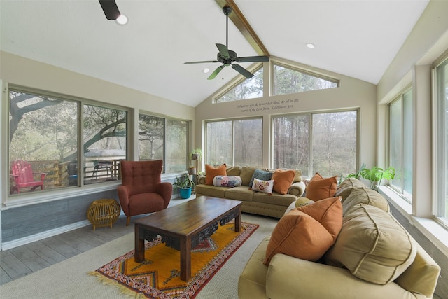 sunroom / solarium featuring lofted ceiling with beams and a ceiling fan