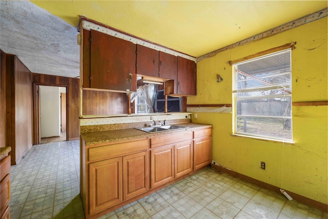 kitchen featuring brown cabinetry, light floors, and a sink