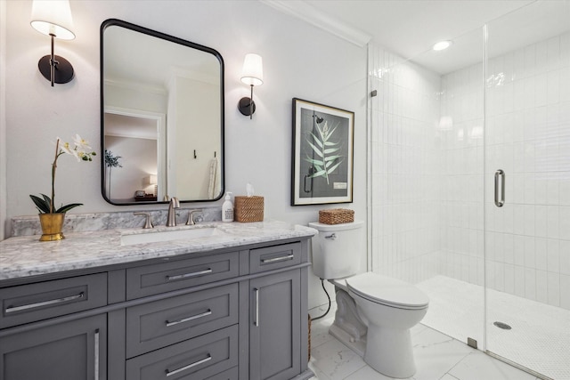 full bathroom with crown molding, toilet, a stall shower, marble finish floor, and vanity