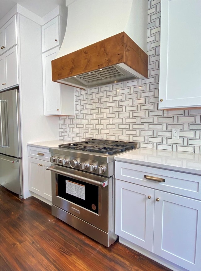 kitchen with premium range hood, premium appliances, tasteful backsplash, and light countertops