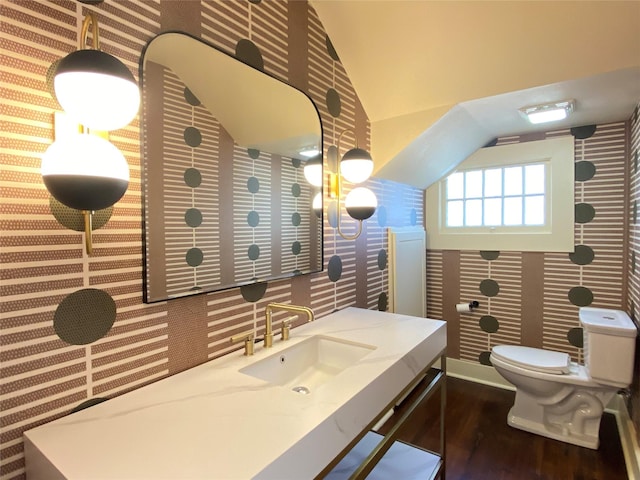 bathroom with a sink, lofted ceiling, toilet, and wood finished floors