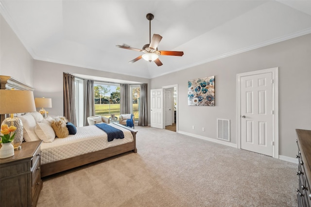 bedroom featuring visible vents, ornamental molding, baseboards, light colored carpet, and ceiling fan