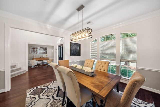 dining area featuring stairway, baseboards, ornamental molding, and dark wood-style flooring