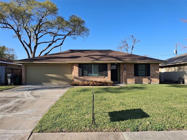 ranch-style house featuring brick siding, driveway, a front lawn, and a garage