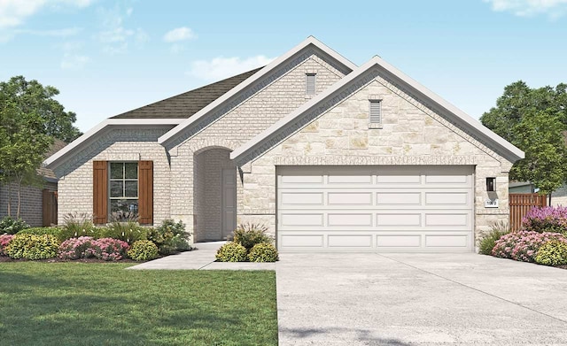 french provincial home with brick siding, a front yard, driveway, stone siding, and an attached garage