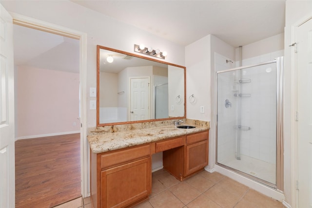 full bathroom featuring tile patterned floors, a shower stall, and vanity