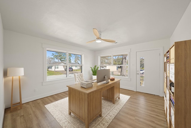 office space featuring a ceiling fan, visible vents, light wood-type flooring, and baseboards