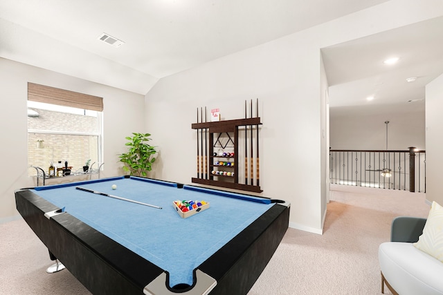 game room with visible vents, baseboards, lofted ceiling, carpet flooring, and recessed lighting