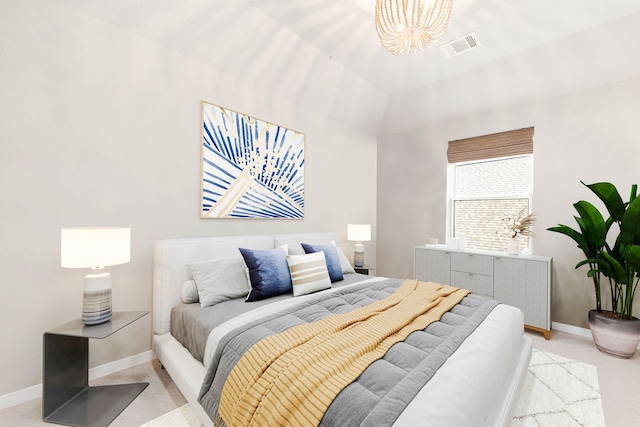 bedroom featuring light carpet, visible vents, and baseboards