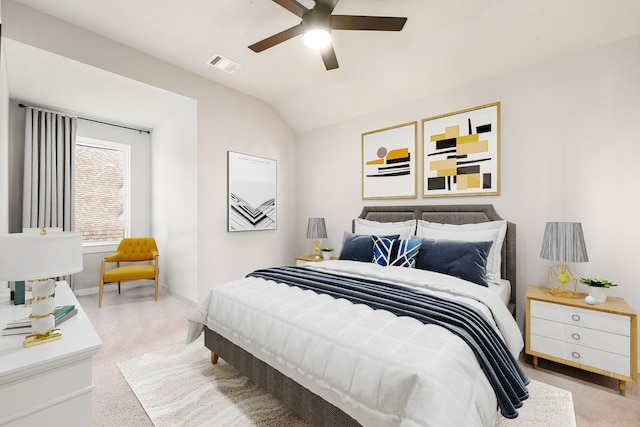 bedroom featuring visible vents, ceiling fan, baseboards, and vaulted ceiling