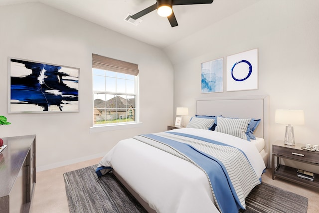 bedroom featuring visible vents, baseboards, carpet, and lofted ceiling