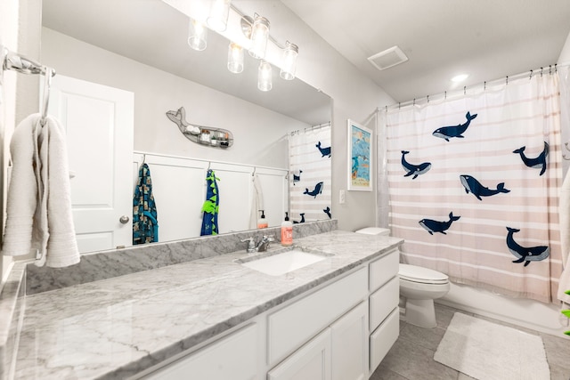 bathroom with tile patterned flooring, visible vents, toilet, shower / bath combo, and vanity