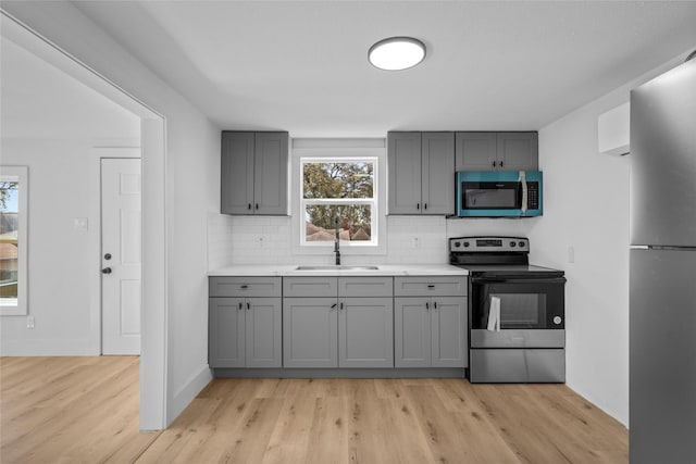 kitchen with a sink, decorative backsplash, appliances with stainless steel finishes, and gray cabinetry