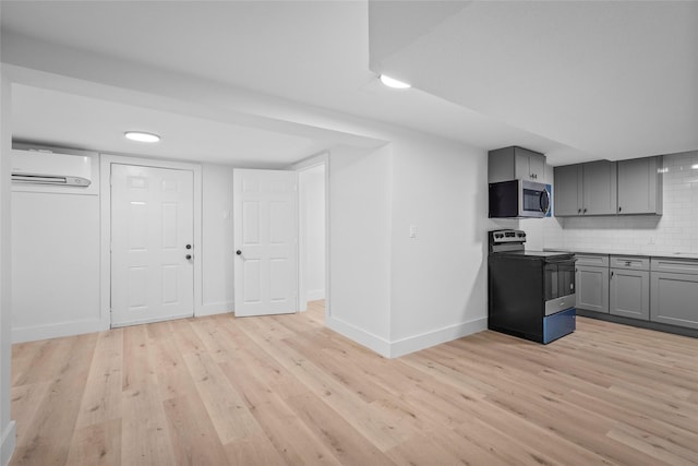 kitchen featuring gray cabinets, decorative backsplash, an AC wall unit, range with electric stovetop, and stainless steel microwave