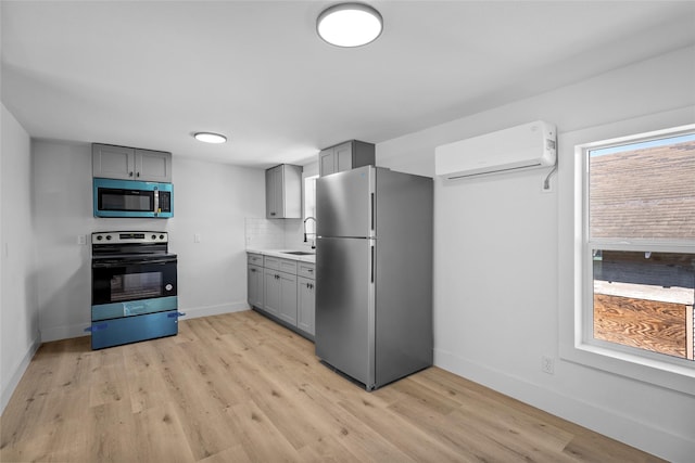 kitchen with a wall mounted air conditioner, gray cabinets, a sink, backsplash, and appliances with stainless steel finishes