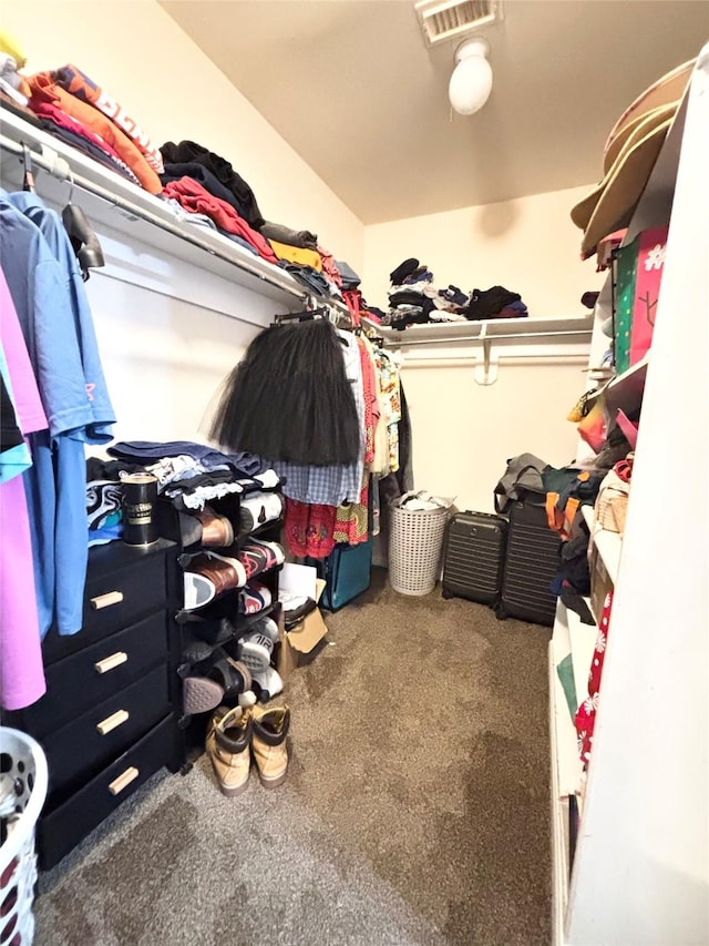 spacious closet with visible vents and carpet floors