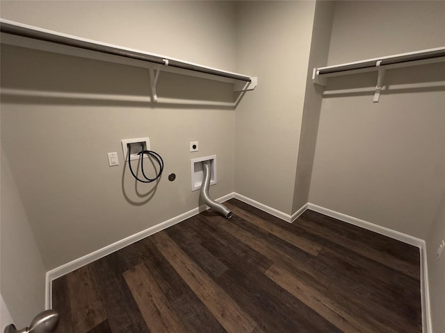 laundry area featuring electric dryer hookup, laundry area, baseboards, hookup for a washing machine, and dark wood-style flooring