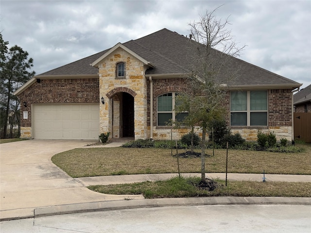 french country home with an attached garage, stone siding, driveway, and a shingled roof