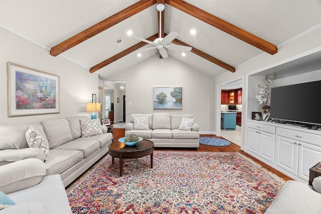 living area with a ceiling fan, wood finished floors, visible vents, beam ceiling, and recessed lighting