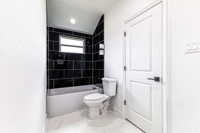 bathroom with shower / bath combination, baseboards, toilet, and marble finish floor