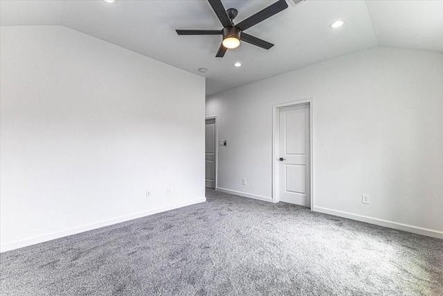 unfurnished bedroom featuring baseboards, carpet, vaulted ceiling, recessed lighting, and a ceiling fan