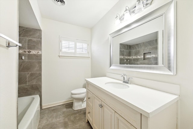 bathroom with visible vents, shower / bathtub combination, toilet, and vanity