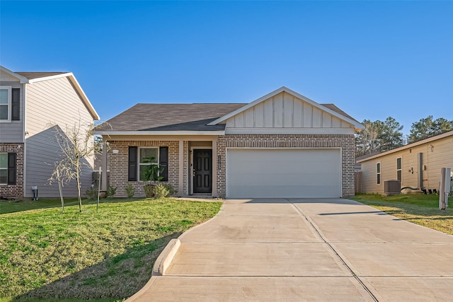 view of front of house featuring brick siding, board and batten siding, a front lawn, a garage, and driveway