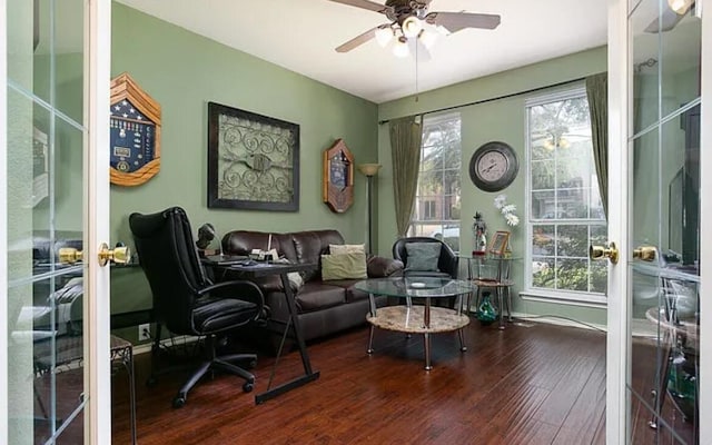 office space with french doors, baseboards, ceiling fan, and wood finished floors