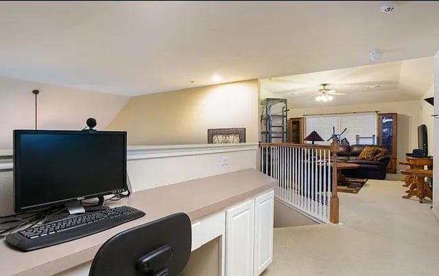 office featuring light colored carpet and ceiling fan