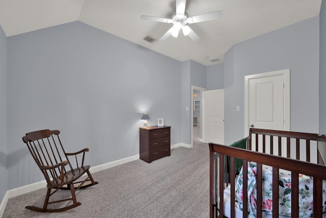 bedroom with a ceiling fan, carpet, visible vents, baseboards, and lofted ceiling