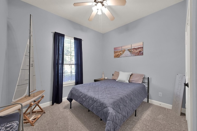 bedroom featuring baseboards, carpet, and ceiling fan