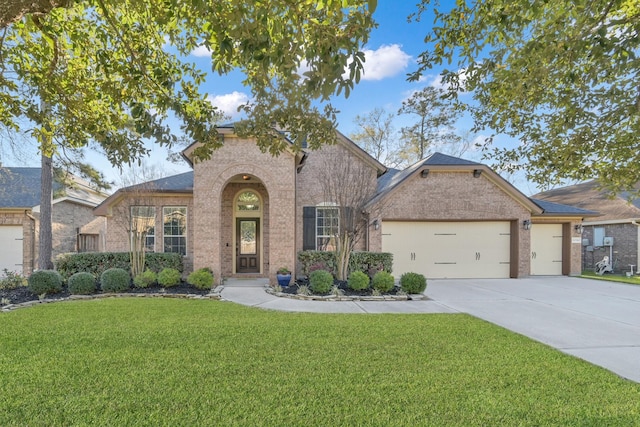 view of front of property featuring concrete driveway, brick siding, a garage, and a front yard