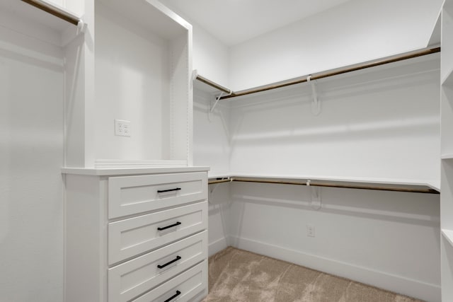 walk in closet with light colored carpet