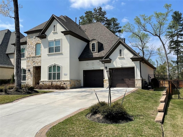 french country inspired facade with stucco siding, stone siding, fence, concrete driveway, and a front yard