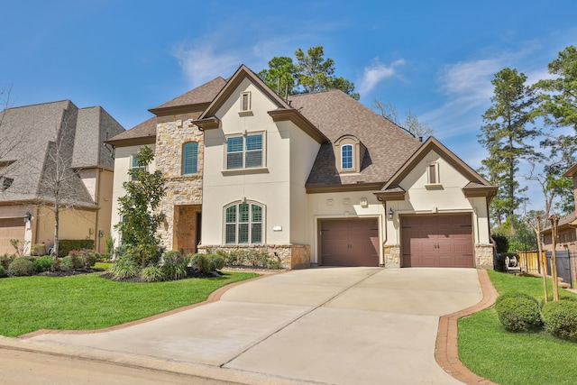 french provincial home with stone siding, stucco siding, concrete driveway, and a front lawn