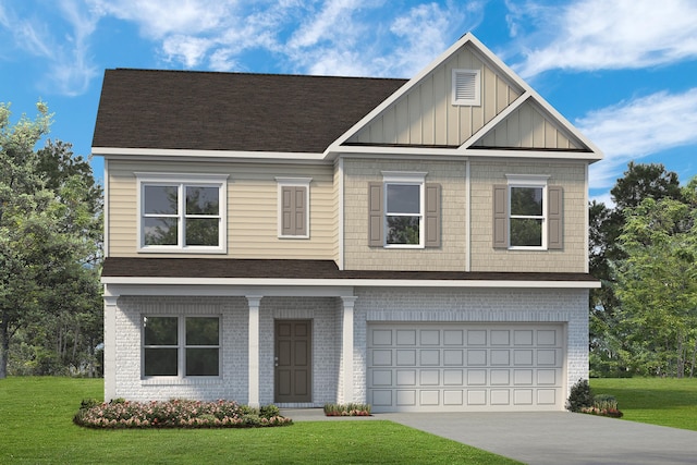 craftsman-style home with driveway, an attached garage, a front lawn, board and batten siding, and brick siding